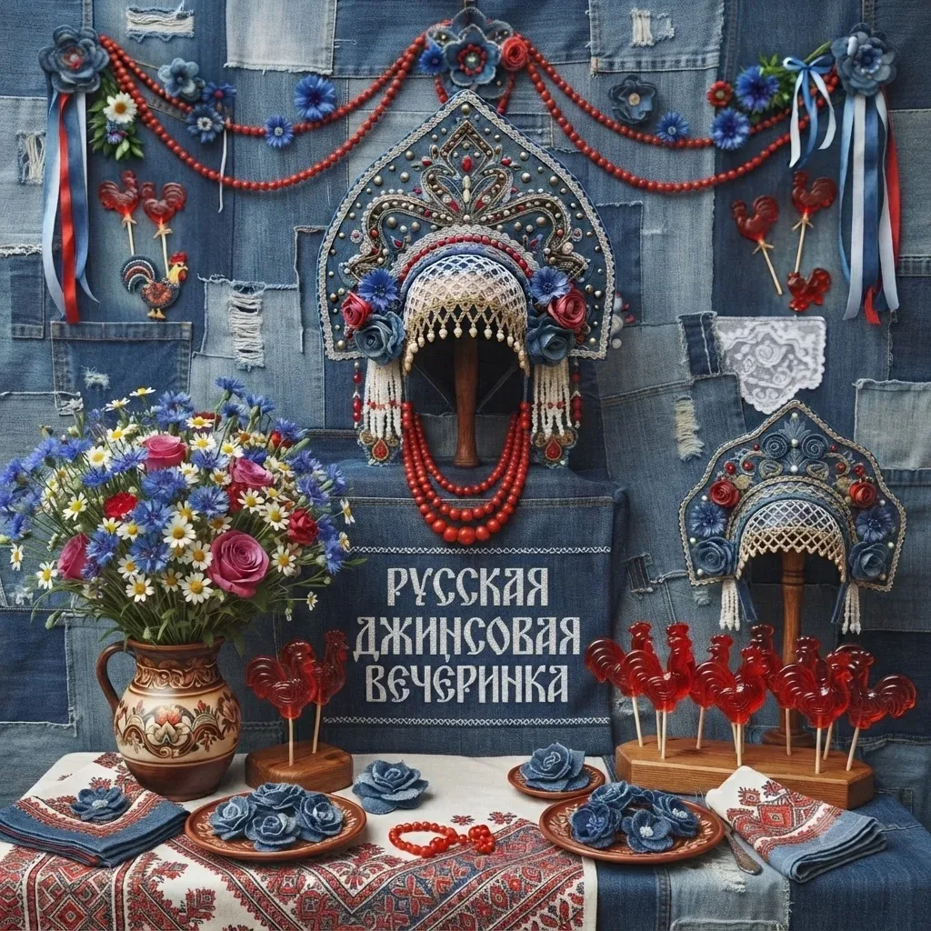 Афиша русской джинсовой вечеринки с кокошником, джинсовым фоном и красными акцентами